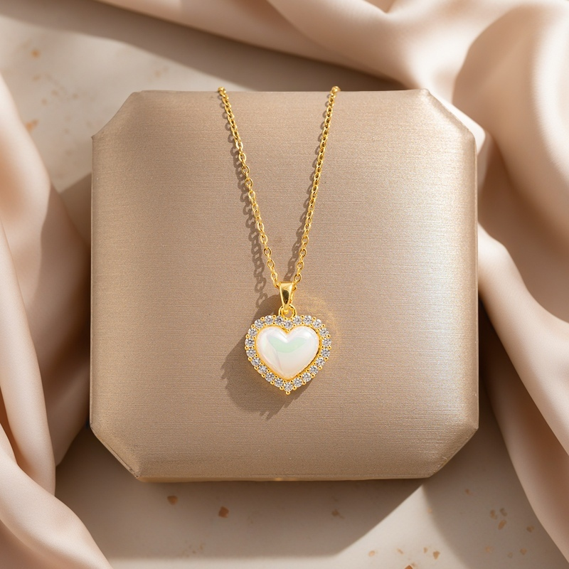 Mother - of - Pearl Heart Diamond Frame Necklace