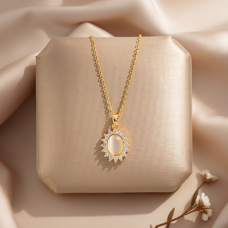 Oval Moonstone & Diamond Halo Necklace